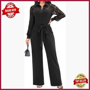 Plus-Size Formal Jumpsuit with Lace Top, Puff Sleeves, Wide Leg